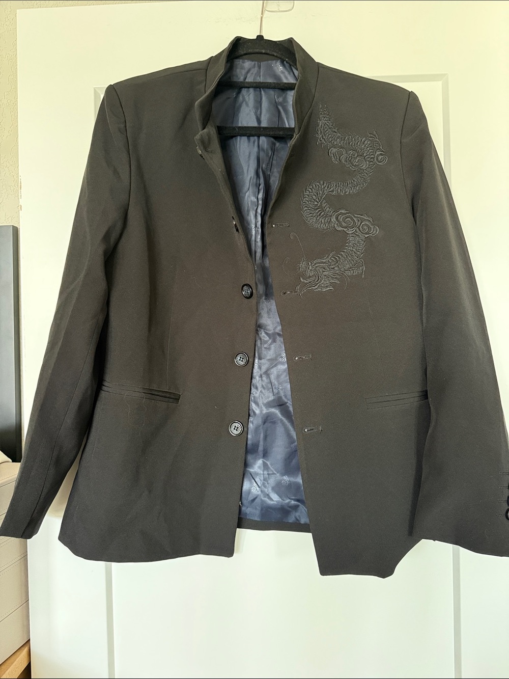 Black Mandarin Collar Blazer with Embroidered Dragon